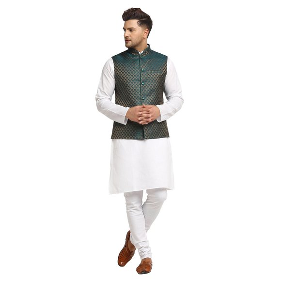 Sleeveless Traditional Brocade Silk Fabric Dark Green Nehru Jacket by Treemoda - Picture 5 of 5